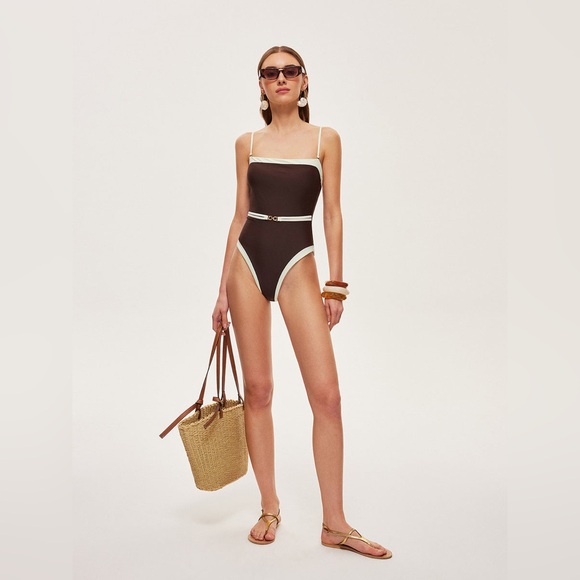 Commense Contrast Trim Metal Detail Spaghetti Strap One-Piece Swimsuit NWT - Picture 3 of 8
